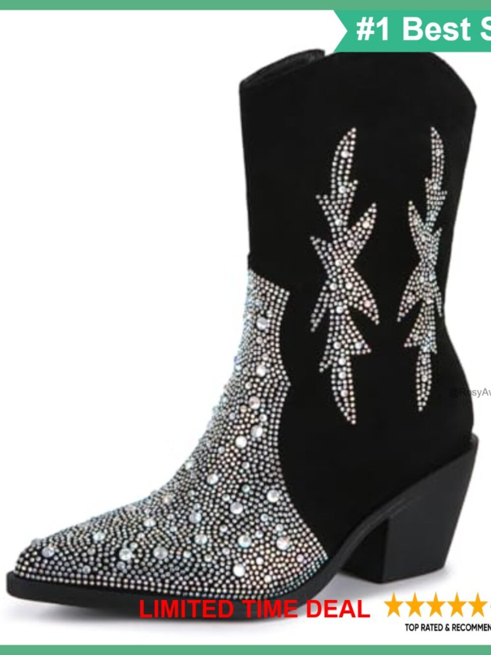 Faux Suede Rhinestone Bootie Pointed Toe Chunky Heel Western Ankle Boots